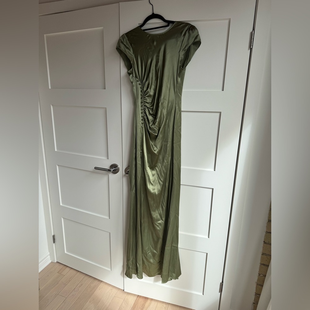 Reformation Olive Green Satin Ruched Maxi Dress